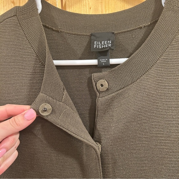 Eileen Fisher Silk Cotton Interlock Snap Long Cardigan Jacket Olive Green Size L - Picture 4 of 8